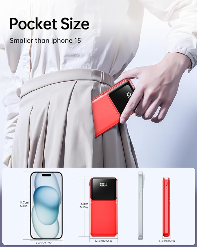 Portable Charger with Built in Cable - Power Bank Fast Charging USB C LED Display 10000mah Battery Pack 5 Outputs & 3 Inputs for Travel Essentials iPhone Samsung Android Phones Tablets Red