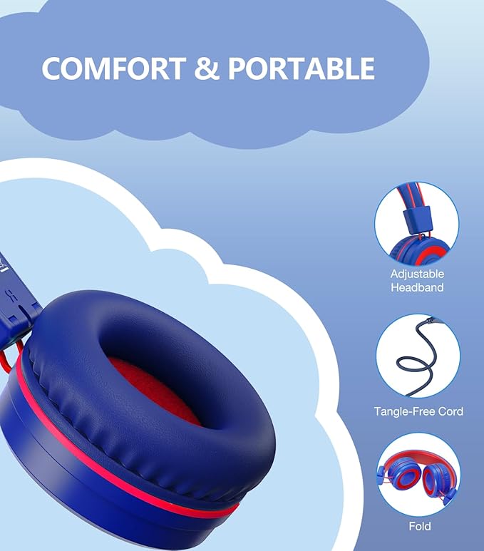 Upgrade USB Type C Kids Headphone for School, 94dB Safe Volume Limited, HD Stereo Sound, Foldable Lightweight On-Ear Headphones for Boys/Girls/Students/Tablet/Travel(Navy Blue)