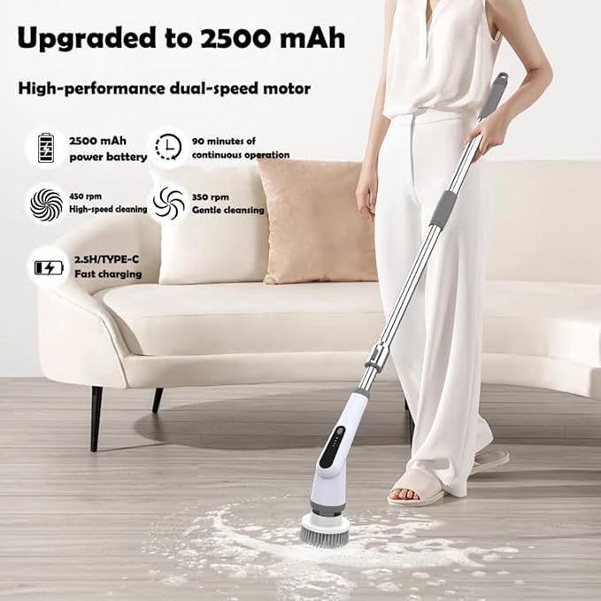 Electric Turn Scrubber, 2025 New Bathroom Scrub Brush with Adjustable Handle, Dual Speed Rotary Drivers, Cordless Shower Floor Brushes for Cleaning Grout, Corners, Crevices