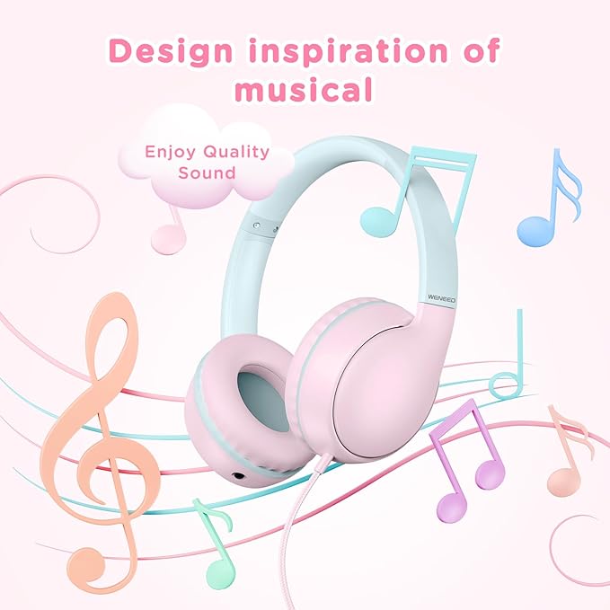 weneed Kids Headphones Wired with Microphone, Over Ear 85/94dB Volume Limited Headphones with Share Port, Stereo Sound Foldable Headset for Teens/Boys/Girls