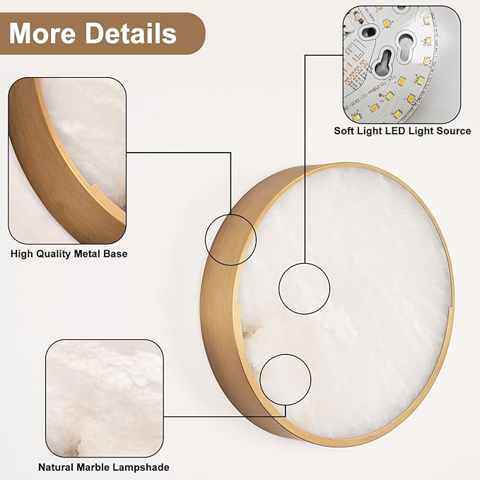Round Antique Alabaster Wall Sconce, Natural Marble Wall Lighting Dimmable, LED Alabaster Wall Lamp for Living Room, Stair, Bedroom, Hallway, Bedside