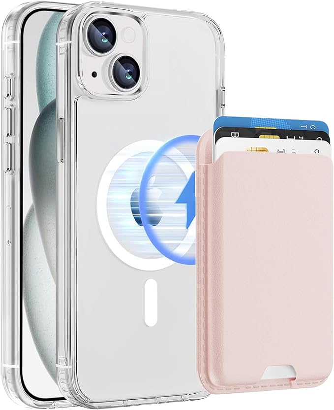 Magnetic for iPhone 15 Clear Case with Pink Detachable Wallet, Compatible with MagSafe, Credit Card Holder with Slim Shockproof Protective Phone Cover
