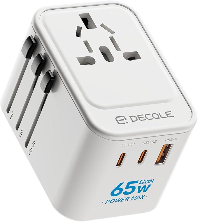 Universal Travel Adapter, International Travel Plug Adapter with 2 USB-C(GaN 65W) ＆ 1 USB-A Ports, All in One Portable Adaptor, for USA, UK, EU, AU ＆ 224+ Countries (White) US