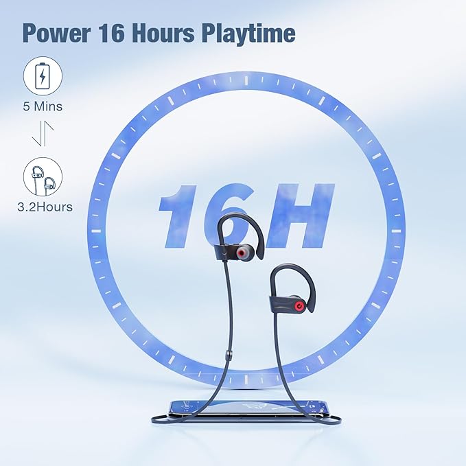 Boean Bluetooth Headphones, Wireless Headphones with 16 Hours Playtime Bluetooth 5.3 Wireless Earbuds HD Deep Bass Stereo Sound Isolation IPX7 Waterproof Earphones for Workout Running Sports