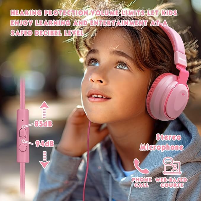 Headphone Kids Volume Limited 85/94dB Wired Over-Ear/On-Earr Foldable Headset with Inline Cable Aux 3.5mm Cord Mic for Toddler Boy Girl Child Back to School Study Pad Tablet Pink