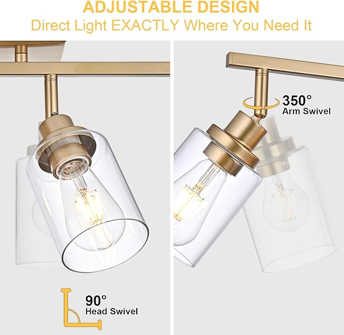 5-Light Multi-Directional Rotating Kitchen Tracking Lights Gold, Modern Track Lighting Fixture with Clear Glass, Bathroom Ceiling Vanity Lights Track Lighting Kits for Kitchen Accent Shop