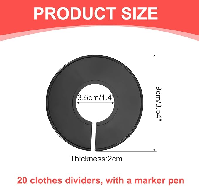 uxcell Clothes Dividers,20 Pack Round Closet Rack Dividers Clothing Rack Size Dividers Blank Labels with Marker Pen Writable & Reusable for Hanging Clothes Sorting Size, Black