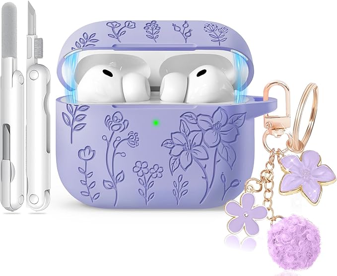 for Airpods Pro 3 Case with Magnetic Lid, Flower Engraved Case Cover Compatible with AirPods Pro 3rd Generation 2025, Soft Silicone Cases with Keychain & Cleaner for Women Girly, Shockproof