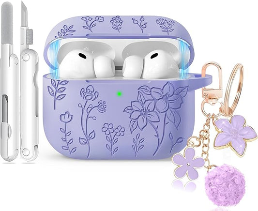 for Airpods Pro 3 Case with Magnetic Lid, Flower Engraved Case Cover Compatible with AirPods Pro 3rd Generation 2025, Soft Silicone Cases with Keychain & Cleaner for Women Girly, Shockproof