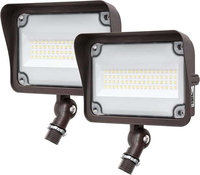 GKOLED 2 Pack 50W LED Flood Lights Outdoor, Dusk to Dawn Security Light, with Anti-Glare Guard, 120V 5000K 5,500LM Waterproof Landscape Lighting, Aluminum, 1/2" Knuckle Mount, UL Listed