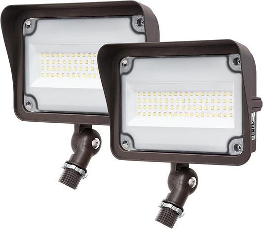 GKOLED 2 Pack 50W LED Flood Lights Outdoor, Dusk to Dawn Security Light, with Anti-Glare Guard, 120V 5000K 5,500LM Waterproof Landscape Lighting, Aluminum, 1/2" Knuckle Mount, UL Listed