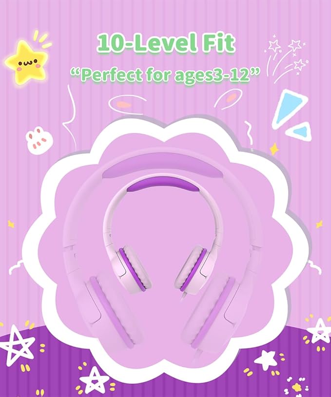 Wired Kids Headphones with Mic, Foldable, Volume Control Safe Listening(85/94dB), 3.5mm Jack on-Ear Headset for Chilren/Teens/Easter Day/School/Travel/Plane/Tablet/Laptop, PinkPurple