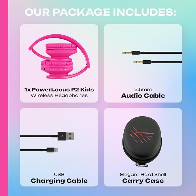 PowerLocus Kids Headphones Over-Ear, Bluetooth Wireless Headphones for Kids,with Microphone, Safe 85DB Volume Limited, Foldable with Carry Case, Audio Cable, Micro SD mode for Online Classes,PC,Phones