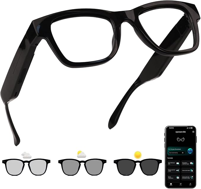 AI Smart Glasses with Color-Change Lenses Bluetooth Glasses for Men Women with Translation 160+Languages Voice Assistant Translator Glass for Meeting,Travel (Sunglasses Lenses)