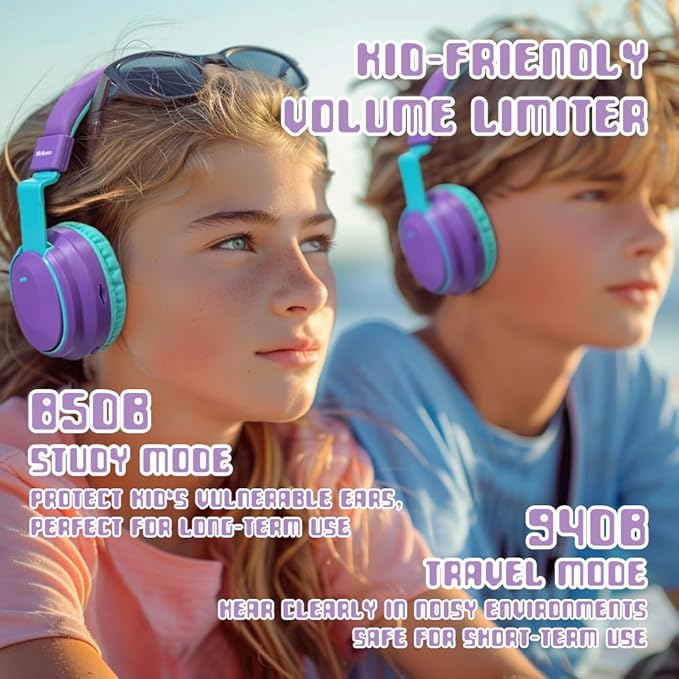 Kids Headphones Bluetooth 5.3 Wireless Lightweight Fast Charging 68 Hours Play Time Volume Limited 85/94dB Over Ear Foldable with Built-in Mic for Toddler Boy Girl Tablet Pad Purple