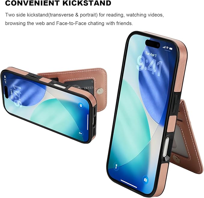 KIHUWEY Compatible with iPhone 17 Case Wallet with Credit Card Holder, Flip Premium Leather Magnetic Clasp Kickstand Heavy Duty Protective Cover for iPhone 17 6.3 Inch (Rose Gold)