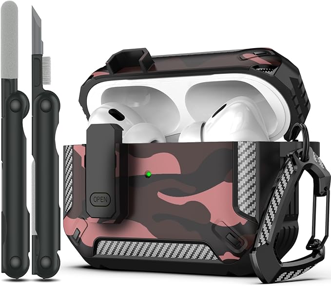 RFUNGUANGO for AirPods Pro 2 Case, Compatible with Airpods Pro Case 2nd / 1st Generation, Compatible with MagSafe, with Cleaning Kit and Keychain, Visible LED, Black, Red Camouflage