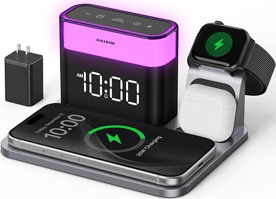 ANJANK GlowDock 5-in-1 Wireless Charging Station with Alarm Clock,Qi2.2 25W Magnetic Multi Charger Stand, Aluminum Silent Cooling,8 Nightlight,for iPhone 18 17 16 15 Pro Max Plus, Apple Watch,AirPods