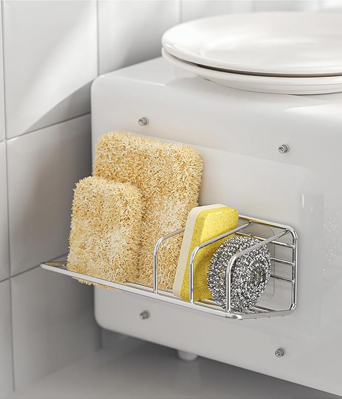 Adhesive Sponge Holder for Kitchen Sink, Stainless Steel Kitchen Brush Holder Soap Rack Sink Stopper Rack Sponge Caddy