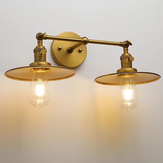 Phansthy 2 Lights Wall Sconce Antique Finished Bathroom Vanity Light with Switch and Dual 7.87 Inches Flat Metal Lampshade (Antique)