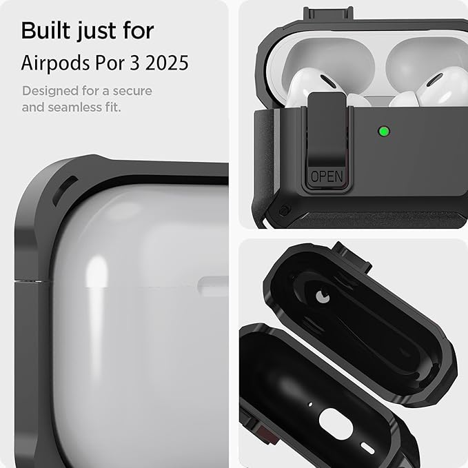 for Airpods Pro 3 Case with Lock Clip, Rugged Apple Airpods Pro 3rd Generation Cover 2025 Men Women, Armor Shockproof iPod Pro3 Gen Protective Hard Shell with Carabiner&Cleaner kit, Black