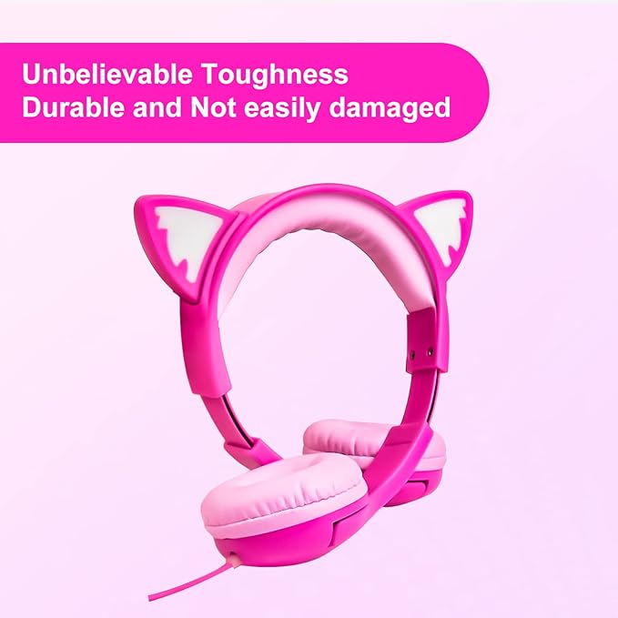 Olyre Kids Headphones with Sharing Port, Safe 85db Volume Control Light Up Cat Ear Headphones for Tablets/E-Readers, Wired Children Headphones with Microphone for School Learning Travel - Rose