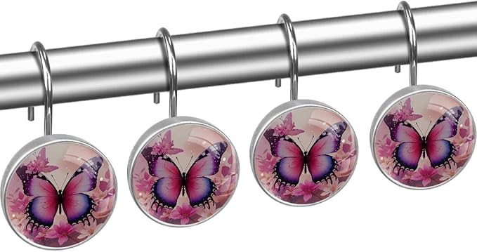 12 Packs Butterfly and Pink Floral Shower Curtain Hooks, Stainless Steel Glass Shower Curtain Rings for Bathroom Decor, Metal Rustproof Curtain Rod Hooks