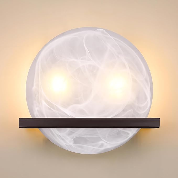 2 Light 10" Round Frosted Glass Bathroom Wall Sconce Modern Concise Style Wall Light Fixture,Oil Rubbed Bronze Finish for Bedroom Hallway Bedside