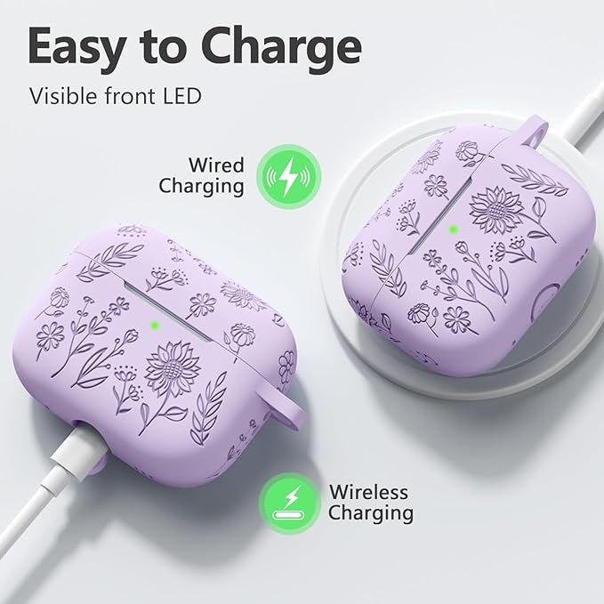 Flower Engraved Case for AirPods Pro 2 Gen with Clean Kit & Keychain, Cute Soft Silicone Protective AirPods Pro Case Cover for Apple AirPods Pro 2nd/1st Generation, Front LED Visible, Lavender