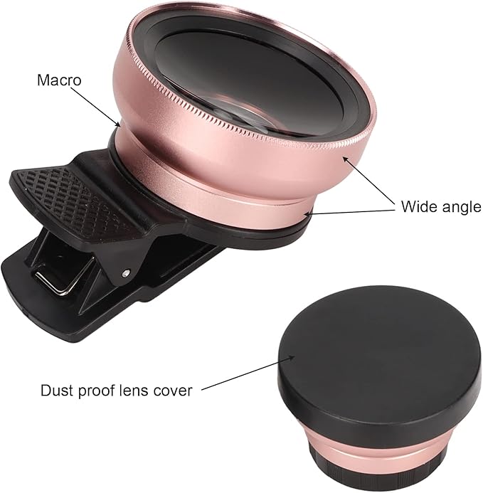 2 in 1 Cell Phone Lens Kit, 0.45X Wide Angle 12.5X Macro Phone Camera Lens, Professional Cell Phone Lens with Clip, Detachable HD Lens with Storage Bag, Compatible with Phones and Tablets(Rose Gold)