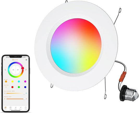 5/6 Inch Smart LED Recessed Light Compatible with Alexa 1Pack,13W1050LM,2700K-6000K,RGB LED Can Light,Retrofit Recessed Lighting,for Living Room,Bedroom,Kitchen
