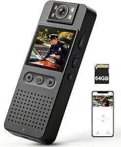 Body Camera with Audio and Video Recording: 64GB Body Cam WiFi Supports, 180° Rotating Lens, 1080P, Night Vision, 7Hr Battery Bodycam, Wearable Pocket Camera for Work, Travel, Pet Walking, Outdoor