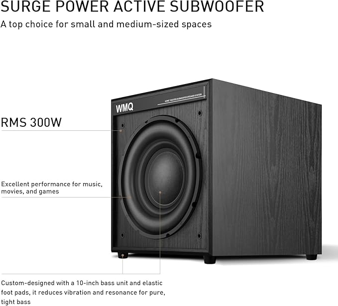 10" Powered Home Subwoofer, 300W RMS, High-Fidelity Bass, MDF Enclosure with Heat Sink
