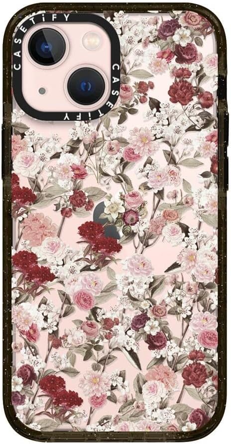 CASETiFY Impact Case for iPhone 13 Mini [Slim / 8.2 ft. 4X Military Grade Drop Protection/Wireless Charging Compatible] - Vintage Flower Monday - Clear Black