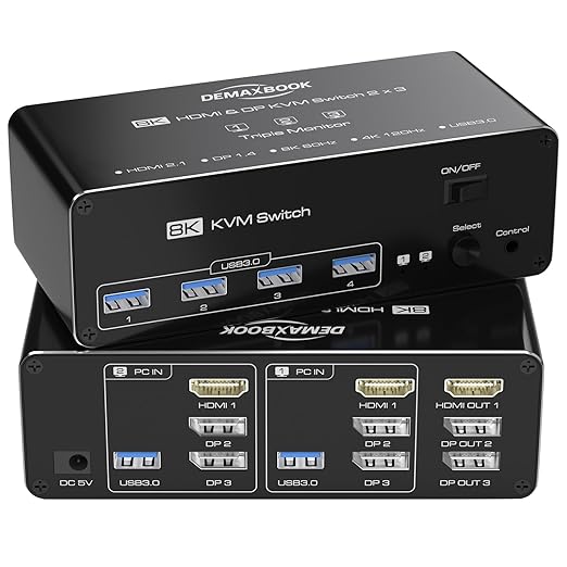 DEMEXBOOK HDMI DisplayPort KVM Switch 3 Monitors 2 Computers 8K@60Hz, 4K@144Hz,Triple Monitor KVM Switches with 4 USB 3.0 Ports, Wired Remote, USB3.0 Cables，Power Adapter Included