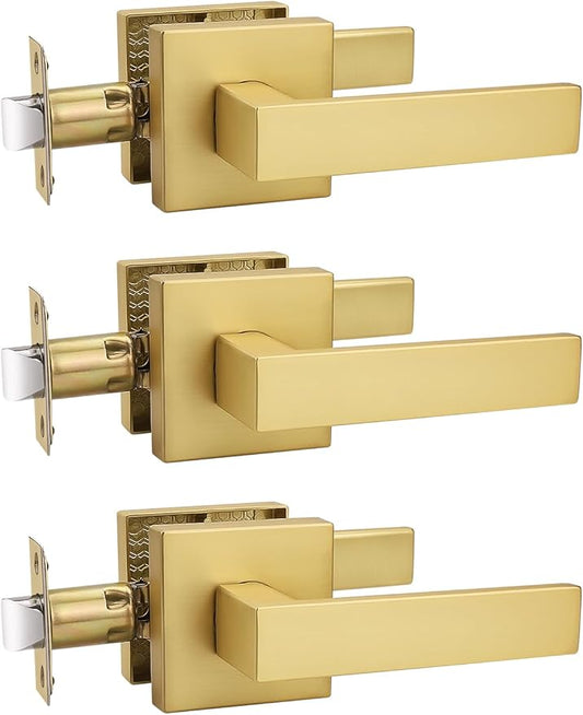 3 Pack Gold Keyless Square Levers Handles, Satin Brass Finish, Interior Passage Door Locksets for Hall Closet Door Knobs Lock Reversible Right & Left Handed