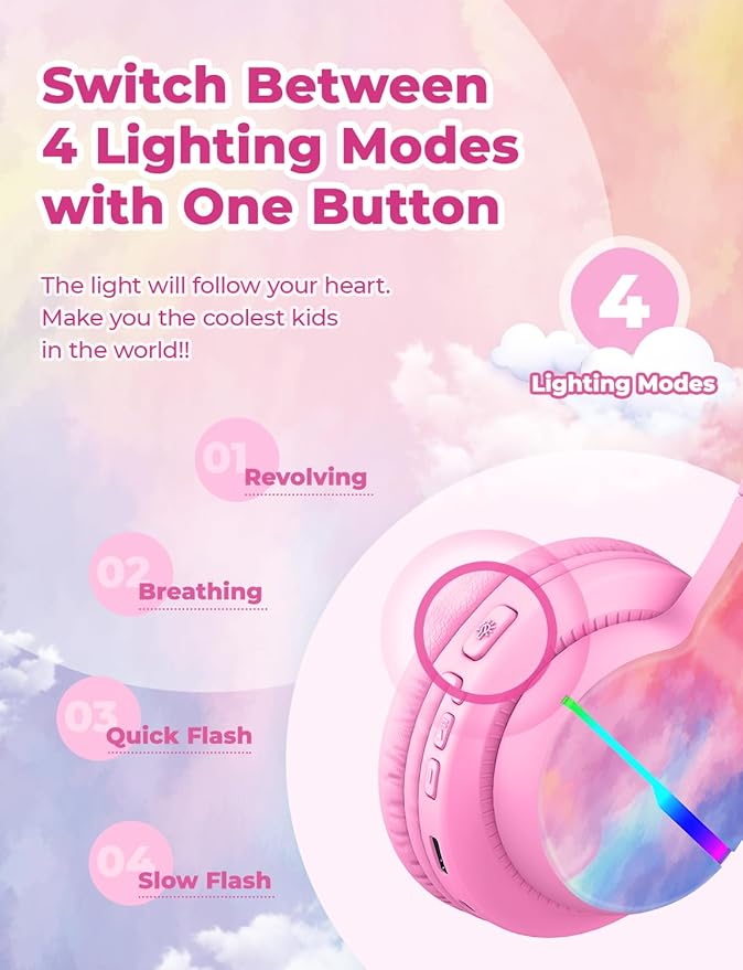 iClever BTH12 Kids Bluetooth Headphones,Colorful LED Lights,74/85dBA Safe Volume,85H Playtime,Fast Charging,Bluetooth 5.2,Over Ear Kids Headphones Wireles for iPad/Tablet/Airplane,Tie-dye Pink