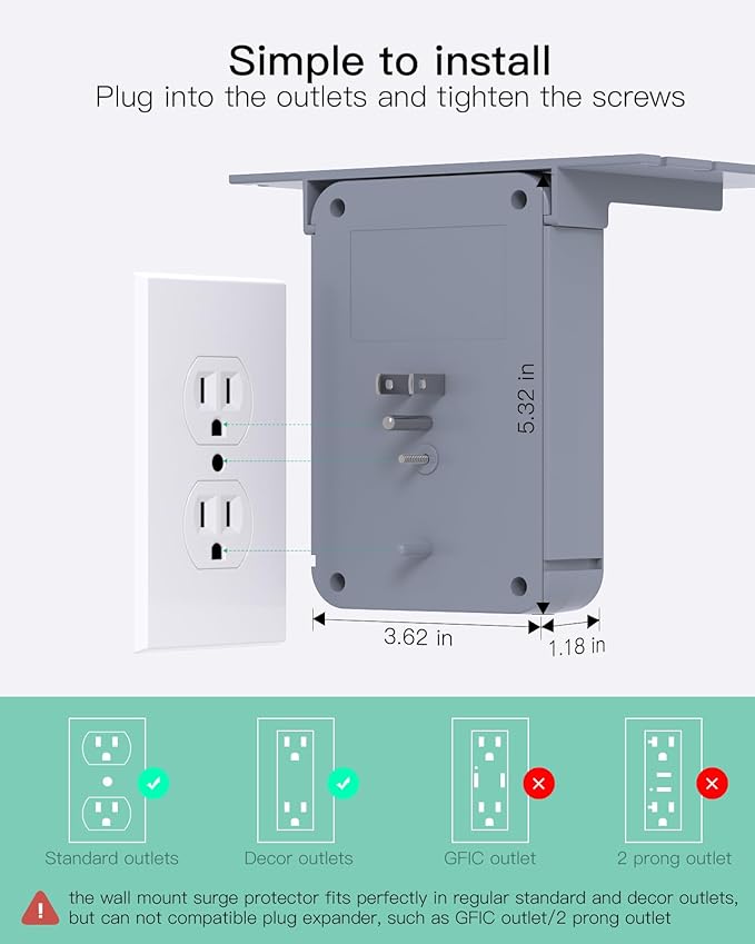 Outlet Extender with Shelf, PD 20W USB-C, Mifaso Surge Protector 6 AC Multi Plug Wall Outlets and 3 USB Ports, Outlet Splitter for Bathroom Home (Gray)