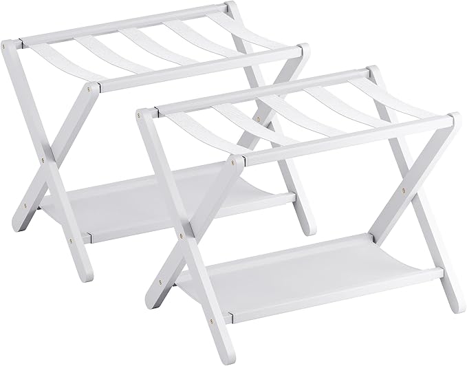 Luggage Rack, Set of 2, Folding Suitcase Stand with Storage Shelf, Premium Bamboo Luggage Holder for Guest Room, Bedroom, Hotel, Closet, Holds up to 135 lb (White)