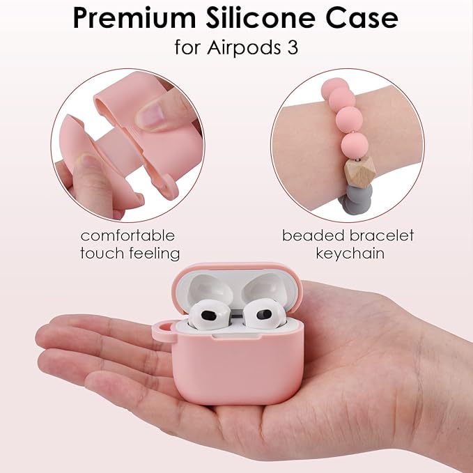 Case for Airpods 3 (2021), Filoto Silicone Airpod 3rd Generation Case Cover with Bracelet Keychain, Cute Protective Case for Apple Air Pod 3 Wireless Charging Case Women(Pink)