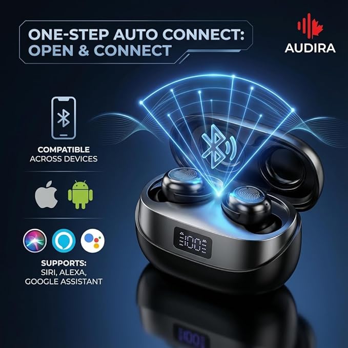 AUDIRA Mini Wireless Sleep Earbuds for Side Sleepers, Bluetooth 5.4 in-Ear Ear Buds with Noise Cancelling, IPX4 Waterproof Headphones, Touch Control, Digital Display Charging Case – Black