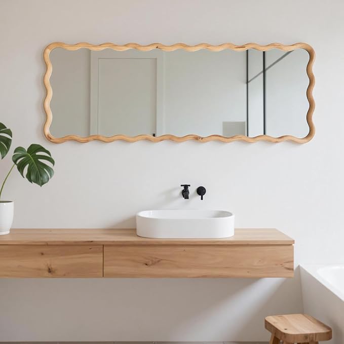 18"x48" Long Irregular Wavy Full Length Wall Mirror, Wood Framed Full Body Floor Mirror Leaning Against Wall for Dressing Bedroom Living Room Cloakroom Horizontal or Vertical Hanging Nature