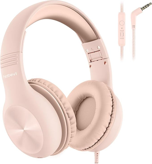 Kids Headphones with MIC, Over-Ear Headphones for Kids with Cord, HD Sound, Safe Volume Limit, Sharing Function, Kid Headset for Girls Boys, Toddler Headphone for School, Tablet, Sand Pink