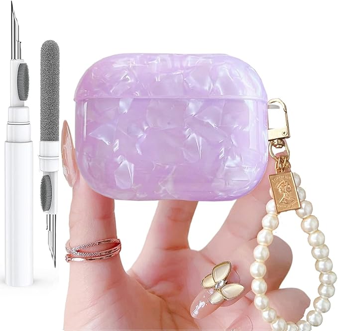 for Cute Glitter Airpods Pro/Pro 2 Gen Case with Cleaner Pen, Shell Pattern iPod Pro 2nd/1st Generation Cover Protective Skin Girl Women with Luxury Pearl Keychain 2023/2022/2019 - Purple