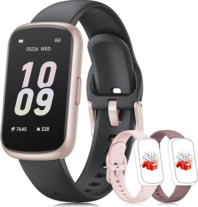 Fitness Tracker with 24/7 Heart Rate Monitor, Sleep Tracker - 3 ATM Waterproof Fitness Watch Calorie Step Counter Smart Watch Includes 3 Sport Bands for Android iOS Women Men, Mystic Rose/Black