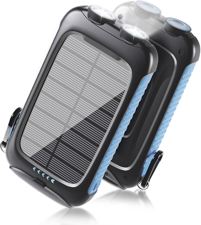 Solar Power Bank Portable Charger 15W Fast Charging with USB-A and USB-C Ports Battery Bank Compatible with iPhone, Samsung, Waterproof, Emergency LED Flashlights for Camping, Hiking, Blue