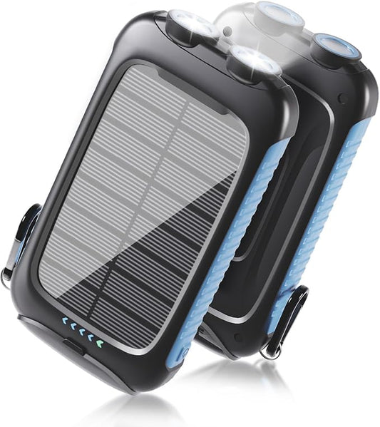 Solar Power Bank Portable Charger 15W Fast Charging with USB-A and USB-C Ports Battery Bank Compatible with iPhone, Samsung, Waterproof, Emergency LED Flashlights for Camping, Hiking, Blue