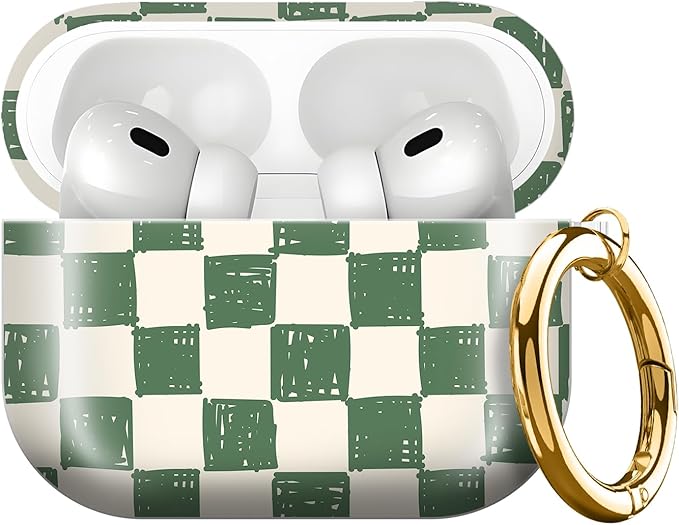 Compatible with AirPods Pro 3rd Generation 2025 Case Cover with Gold Keychain - Cute Protective Hard AirPod Pro 3 Cases for Women - Hand Drawn Checkerboard