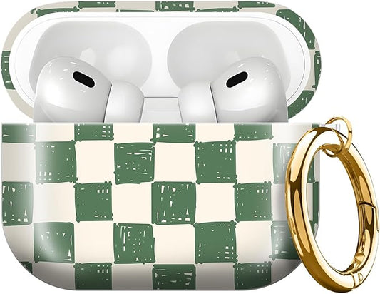 Compatible with AirPods Pro 3rd Generation 2025 Case Cover with Gold Keychain - Cute Protective Hard AirPod Pro 3 Cases for Women - Hand Drawn Checkerboard