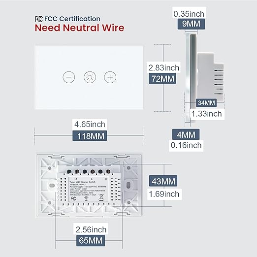 Smart Dimmer Switch Neutral Wire Required, 2.4GHz WiFi Dimmer Light Switch with Remote Voice Control, Tempered Glass Panel, Compatible with Alexa and Google Home, White WiFi Dimmer